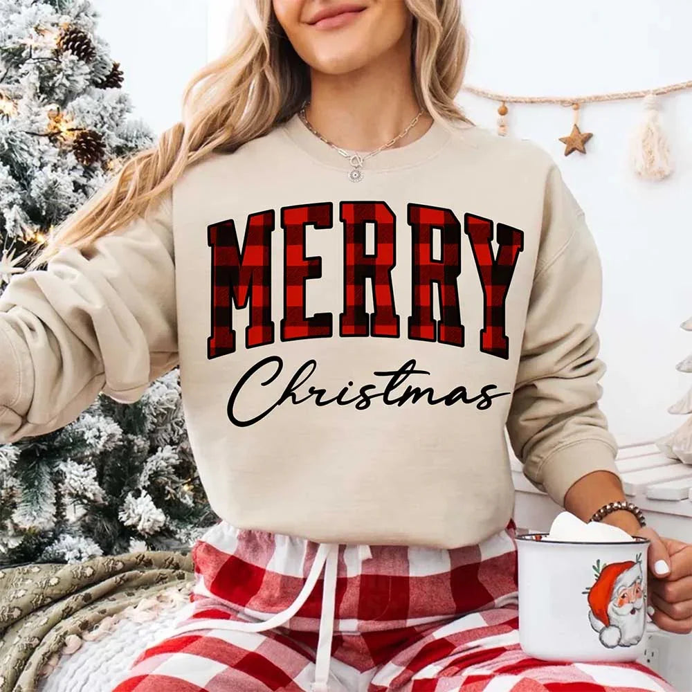 Merry Christmas Sweatshirt - Buffalo Plaid Crewneck