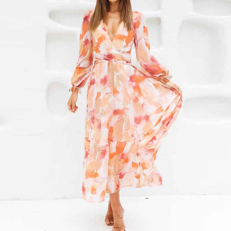 Bohemian female Long Lantern Sleeves Dress-Boho deep V printing high waist casual dress for women