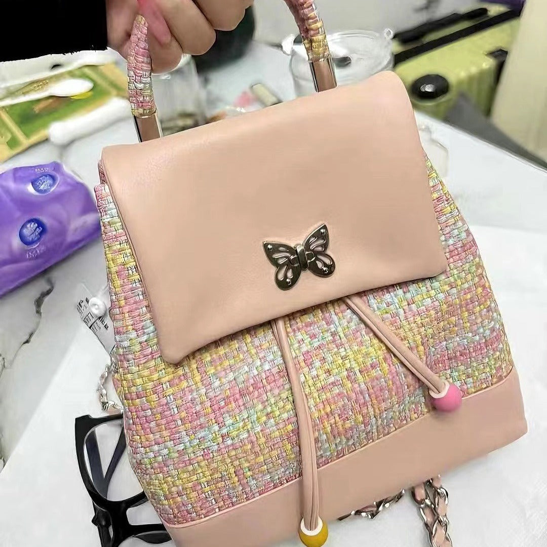 Sweet girl design woven leather small backpack purse, chain backpack, dopamine sweet cool versatile small backpack for women