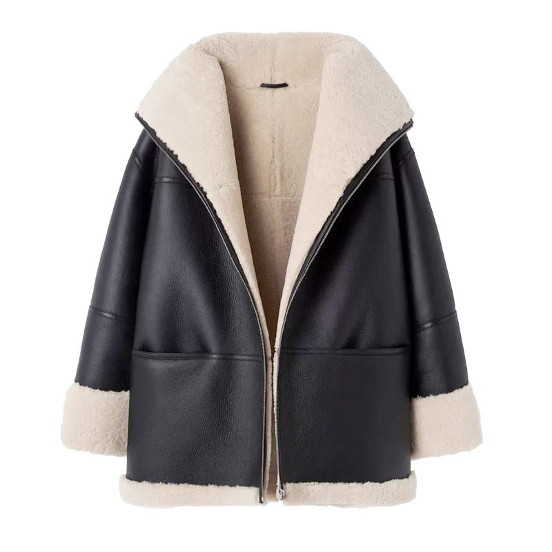 Black Biker Jacket with Shearling Collar Coat