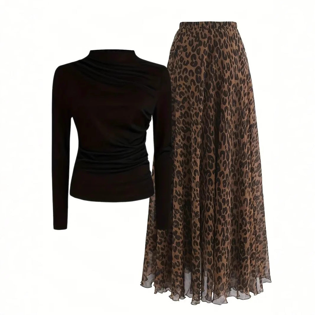Leopard Print Skirt & Black Top Set