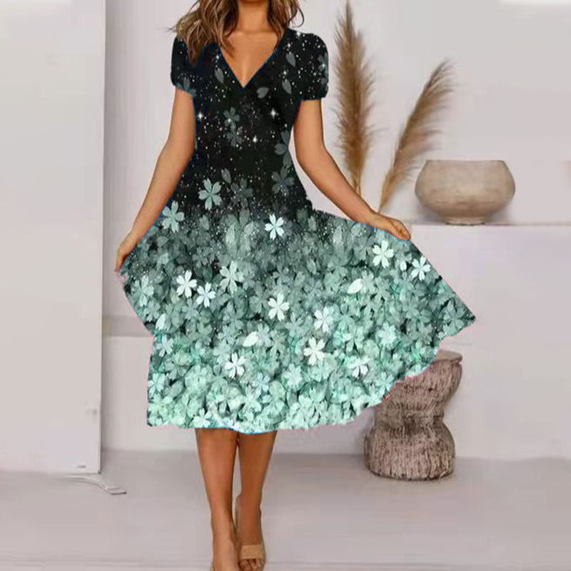 V Neck Bohemian Print Short Sleeve Dress - Flowy Casual Summer Dress with Elastic Waist