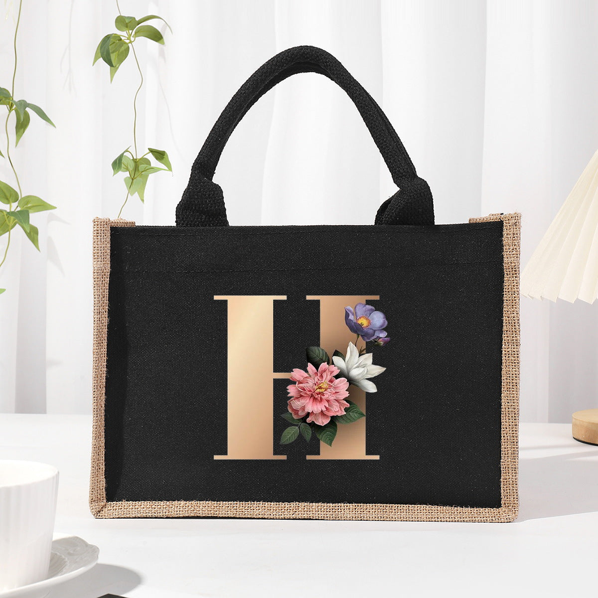 Cotton and linen canvas tote bag, printed letter tote bag, portable light handbag, gift shopping bag