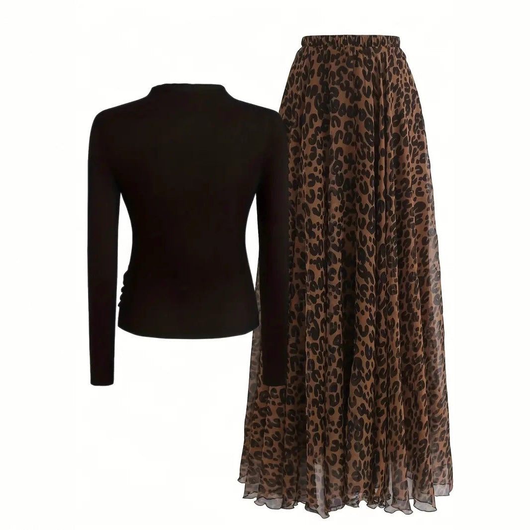 Leopard Print Skirt & Black Top Set