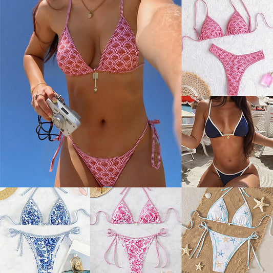 Contrasting Print Strap Sexy Bikini Split Swimsuit Batwing Short Sleeve Shirt W Plants Print