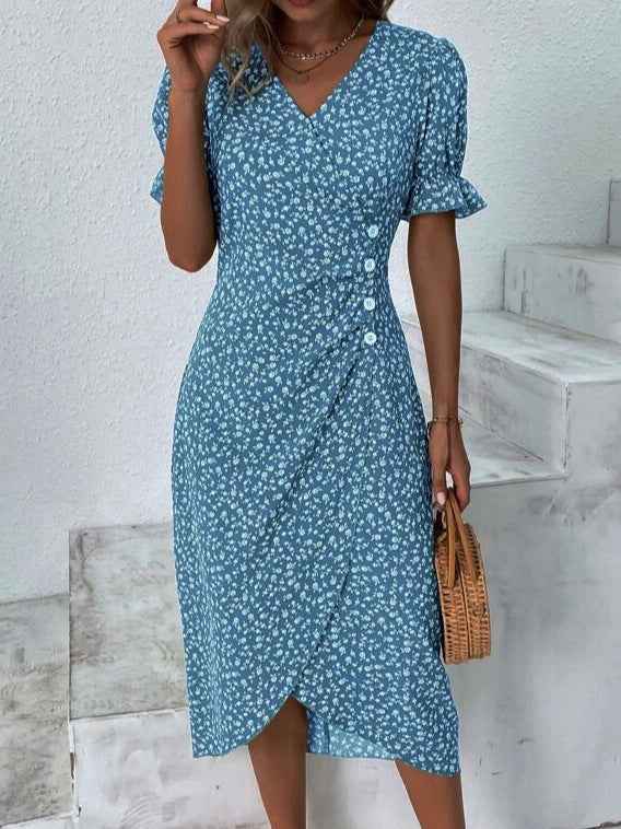 Slim-fit Women's Geometric Collage Bubble Sleeves Irregular hem Dress Sub Female Split Dress Summer Floral dress