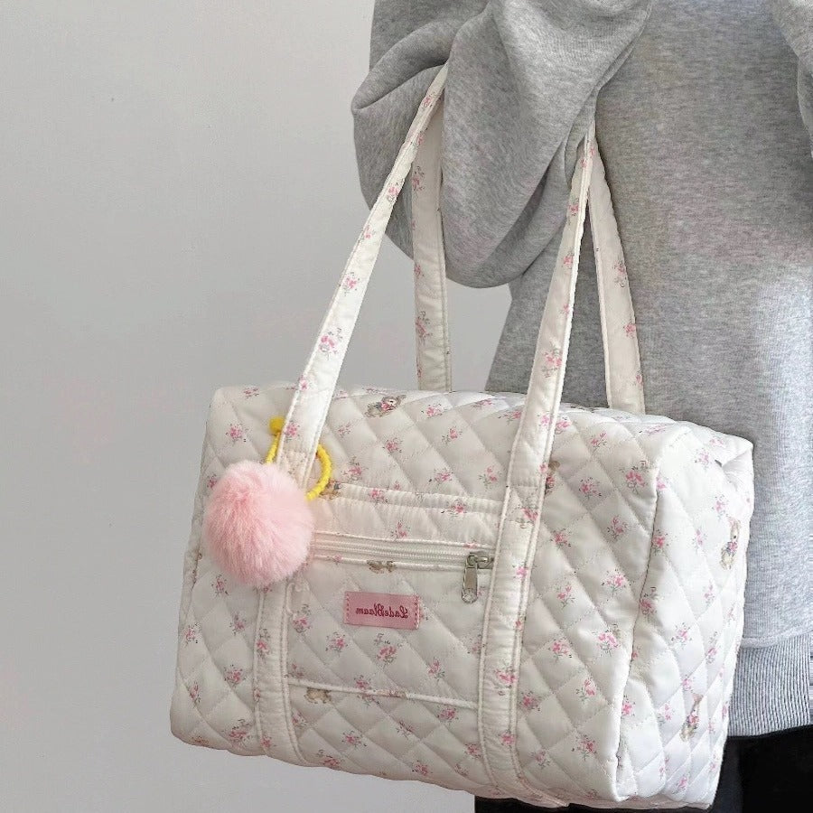 Large capacity tote bag for girls, short trip girl commuter bag, quilted puffy purse floral fabric, student class shoulder tote bag,
