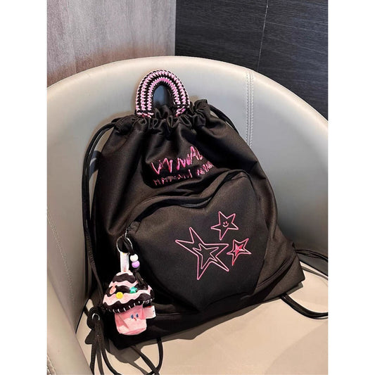 Retro denim travel backpack, drawstring women's backpack purse, casual small backpack women