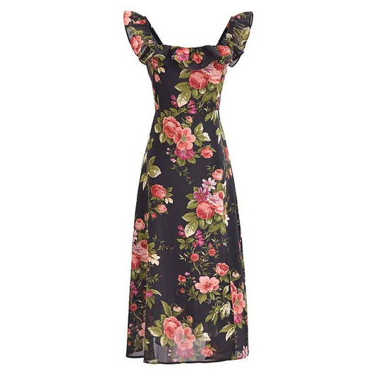 Slim and sexy side split waist mid-length dress, French retro square collar Print Chiffon Dress Bohemian dress