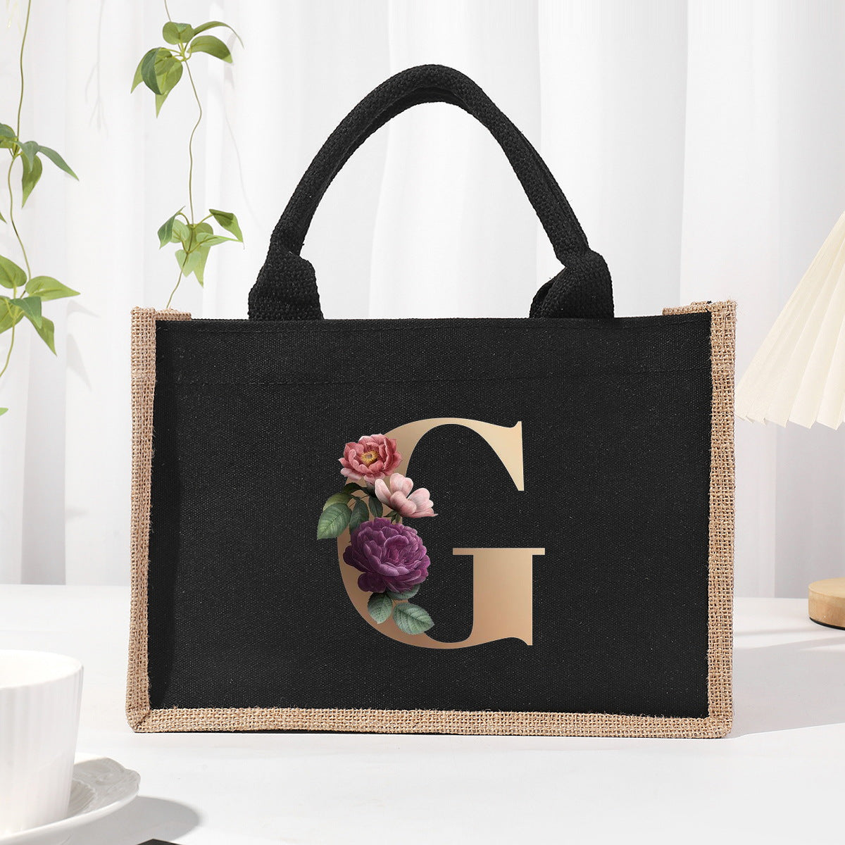 Cotton and linen canvas tote bag, printed letter tote bag, portable light handbag, gift shopping bag