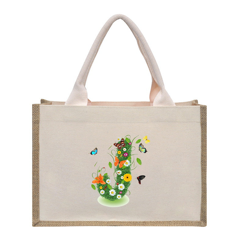 Cotton and linen canvas tote bag, printed letter tote bag, portable light handbag, gift shopping bag