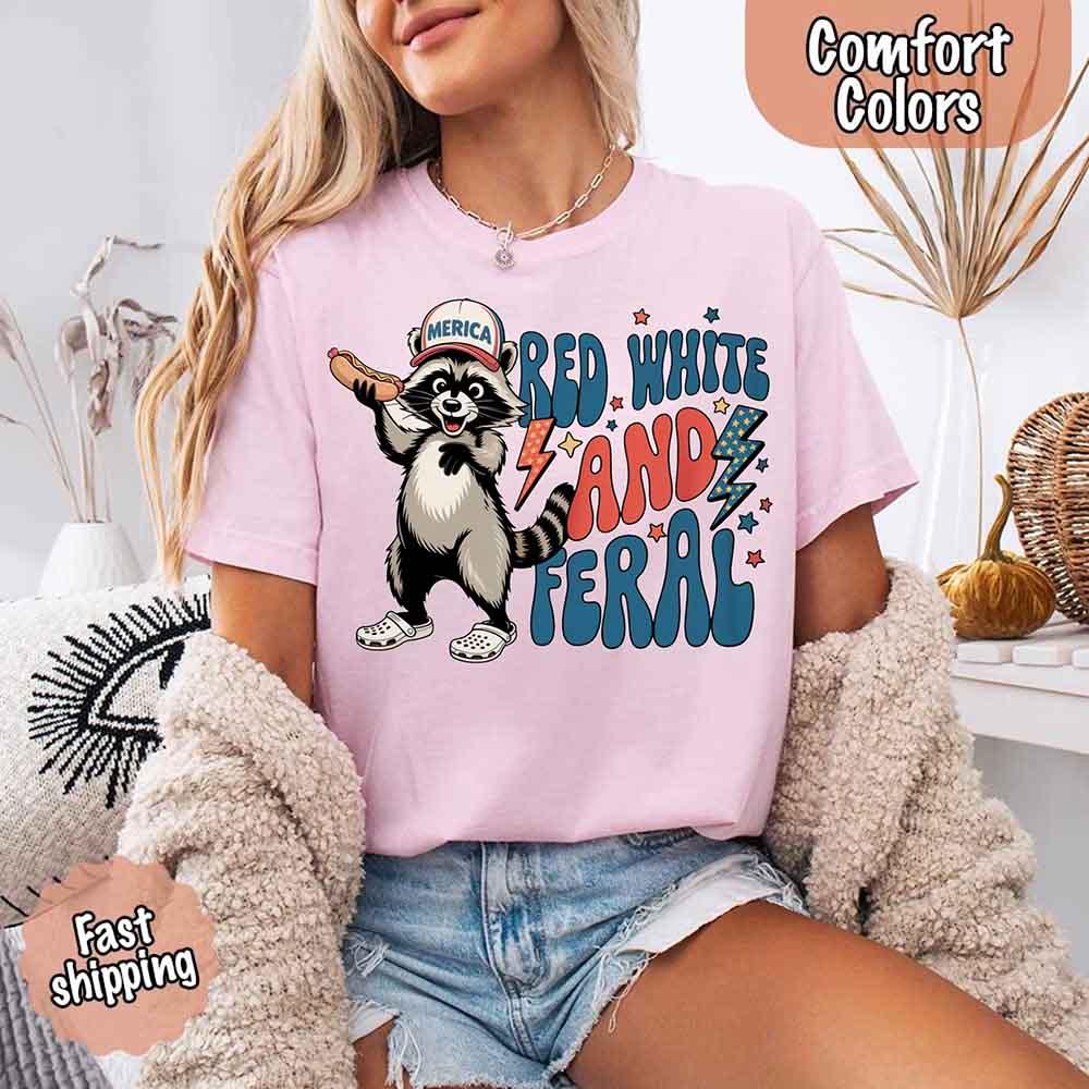 Red White & Feral Comfort Colors Tee – Funny Raccoon 4th of July Shirt