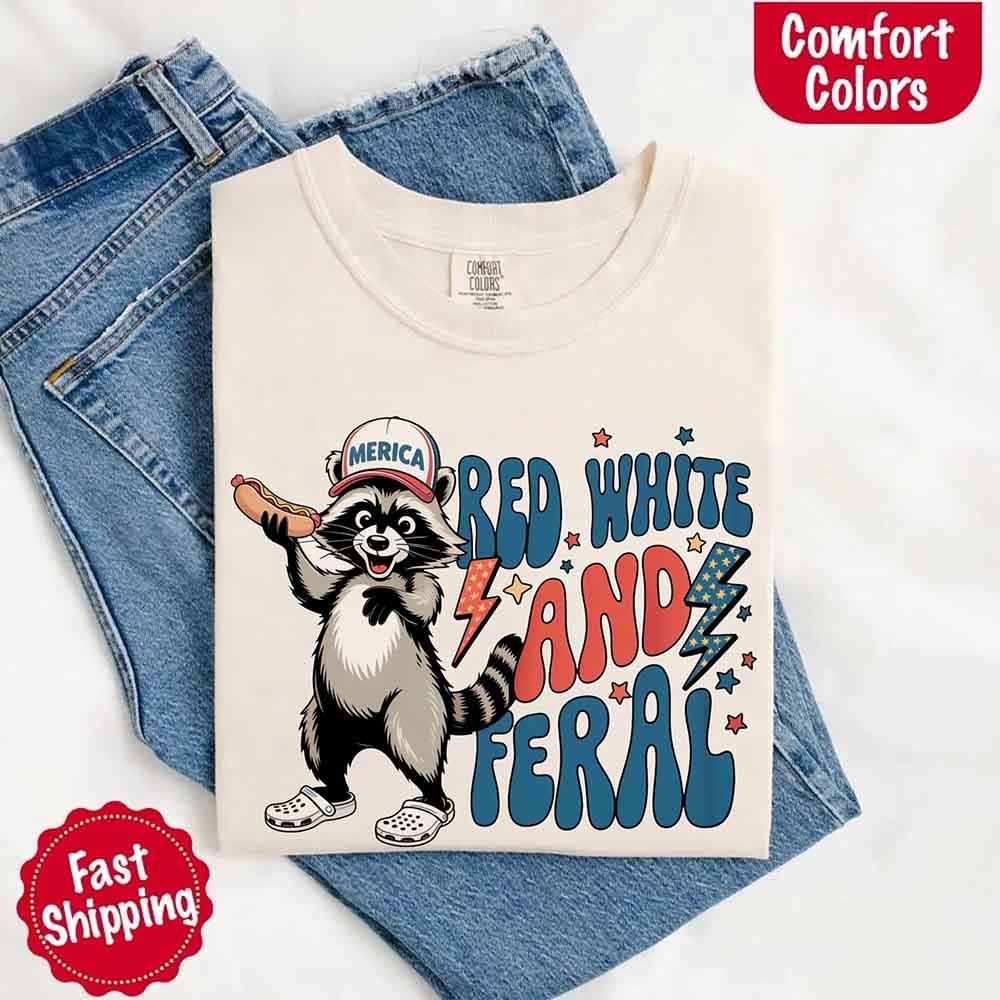 Red White & Feral Comfort Colors Tee – Funny Raccoon 4th of July Shirt