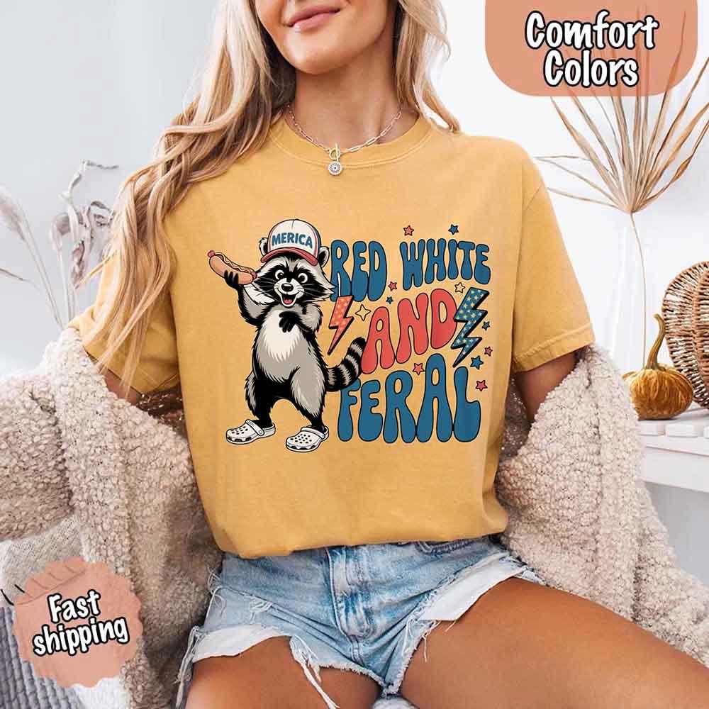 Red White & Feral Comfort Colors Tee – Funny Raccoon 4th of July Shirt
