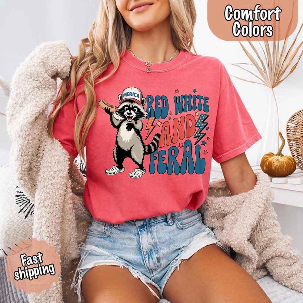 Red White & Feral Comfort Colors Tee – Funny Raccoon 4th of July Shirt