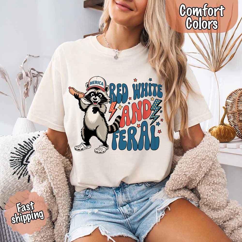 Red White & Feral Comfort Colors Tee – Funny Raccoon 4th of July Shirt
