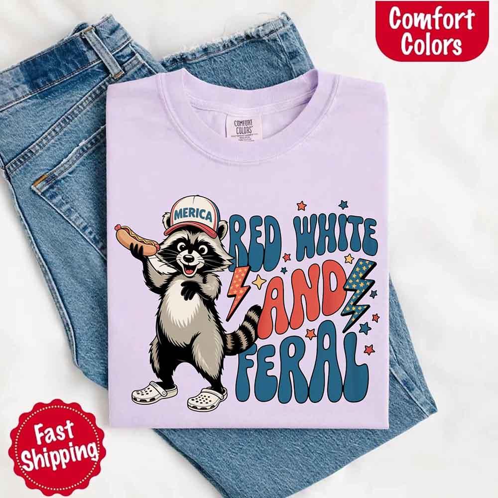 Red White & Feral Comfort Colors Tee – Funny Raccoon 4th of July Shirt