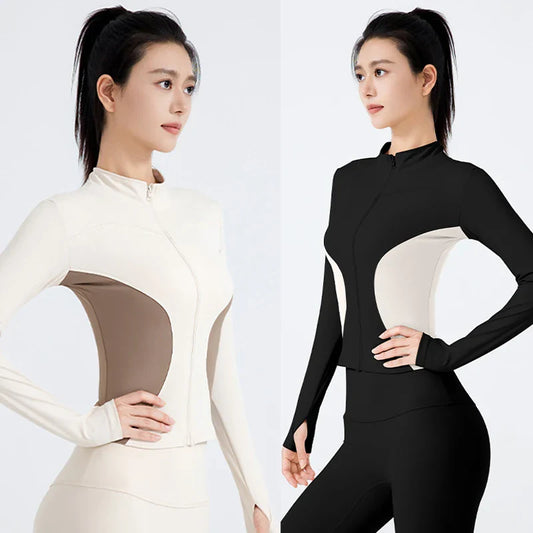 Women's Stand Collar Color Block Fitness Cardigan Trendy