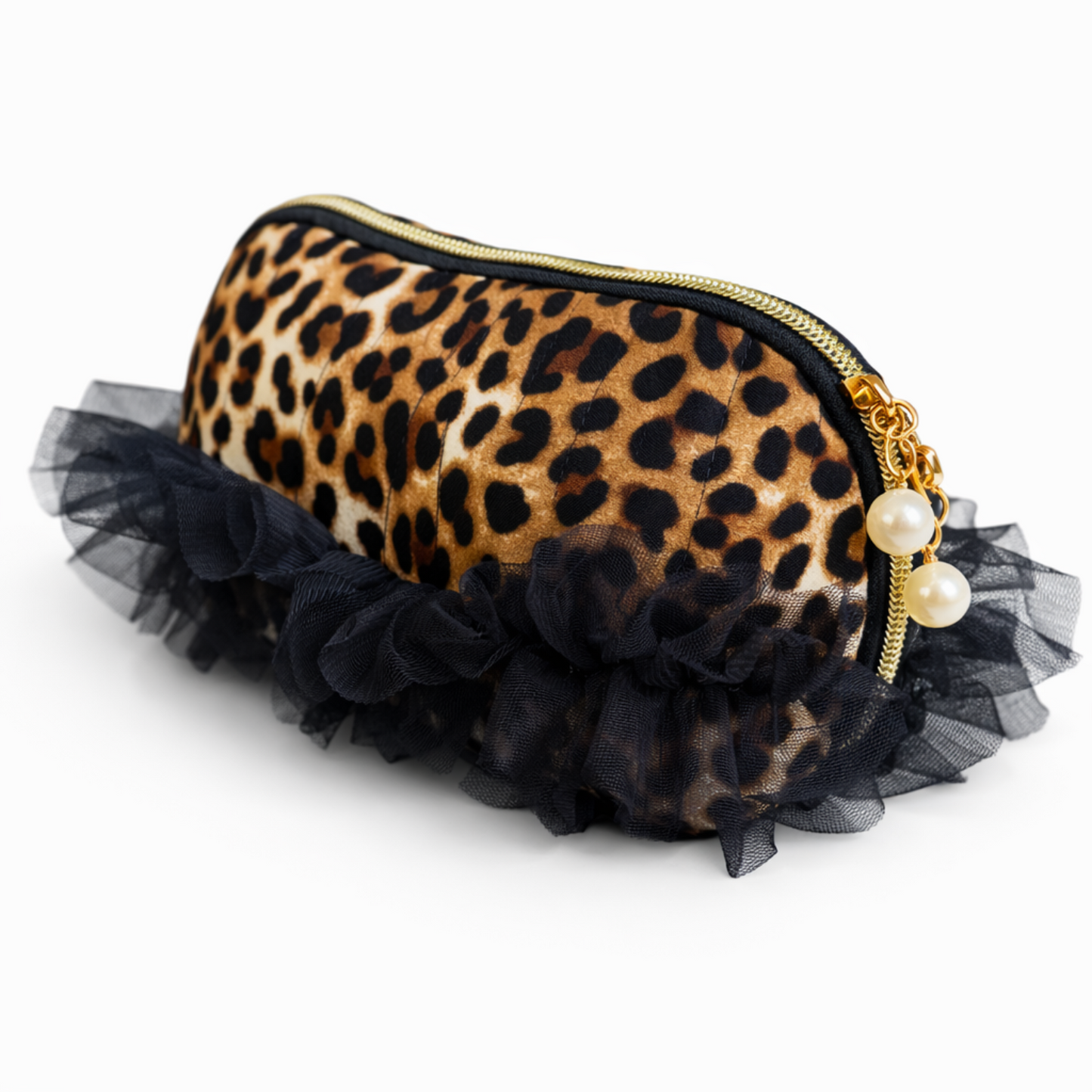 Tulle Laced Leopard Cosmetic Case – Sassy & Feminine Pouch for Makeup, Travel, or Everyday Use