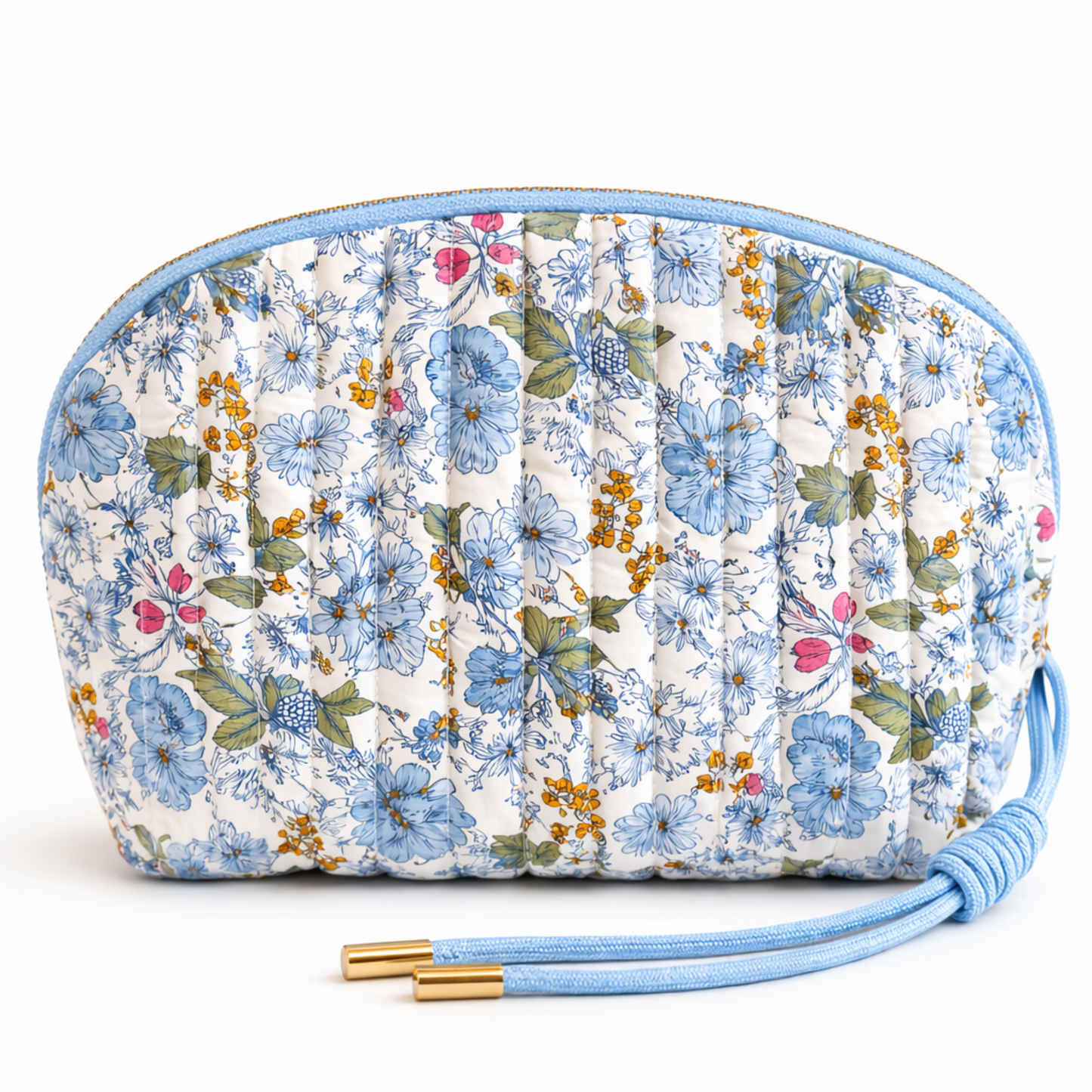 Vintage-Inspired Quilted Floral Cosmetic Case – Curved Makeup Pouch in Soft Pastel Garden Prints