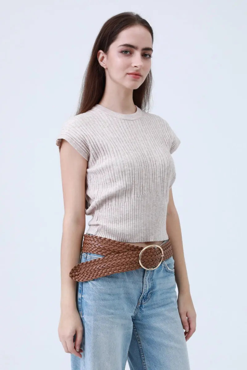 Wide Braided Belt – Gold Oval Buckle Statement Piece