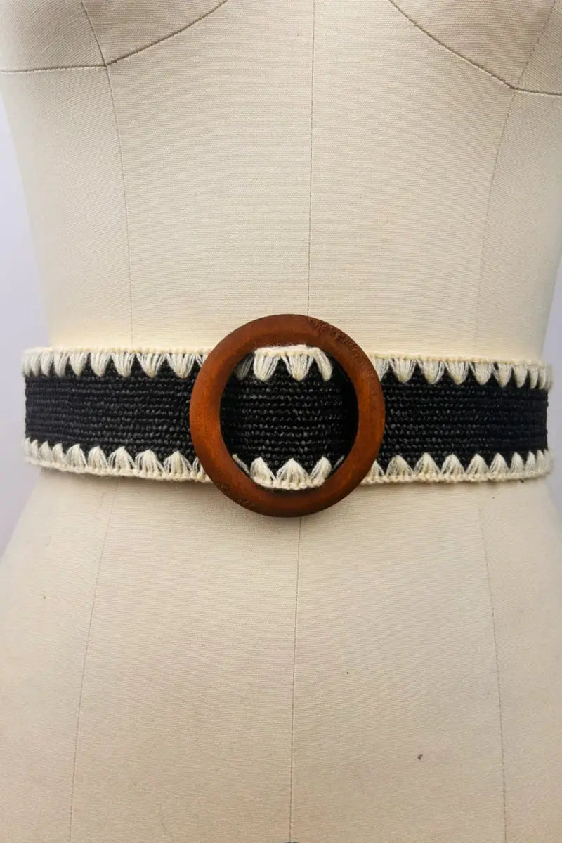 Whipstitch Raffia Belt with Wooden Round Buckle