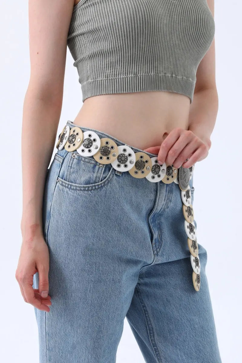 Rustic Dual-Tone Western Belt – Distressed Disc Buckle🤠✨