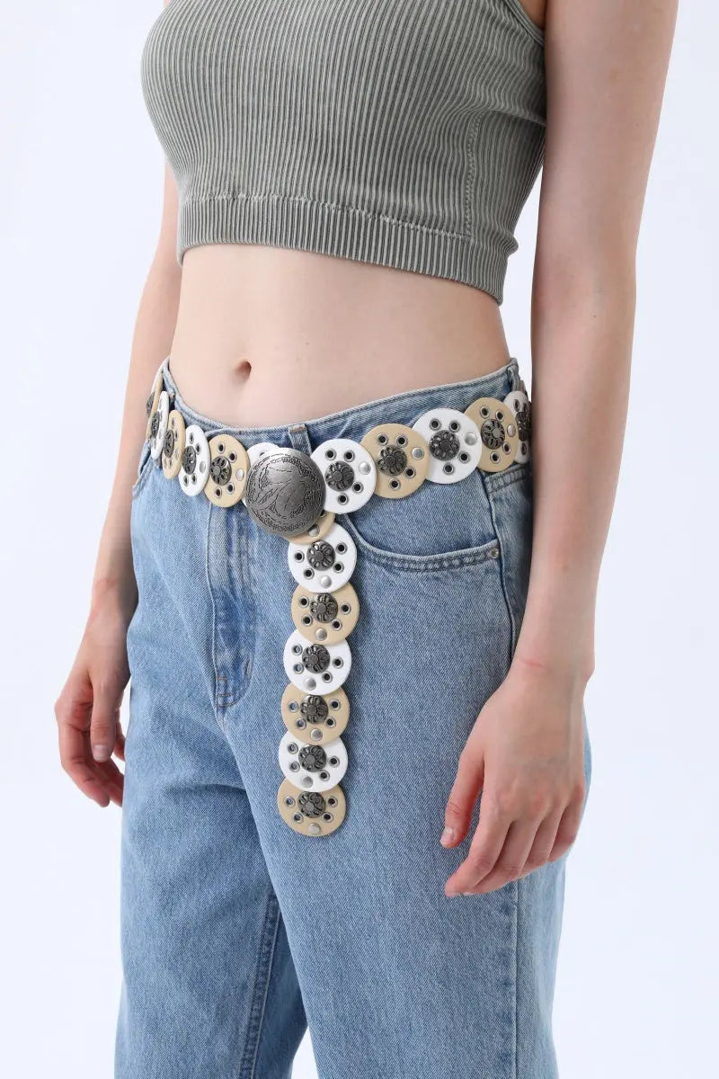 Rustic Dual-Tone Western Belt – Distressed Disc Buckle🤠✨