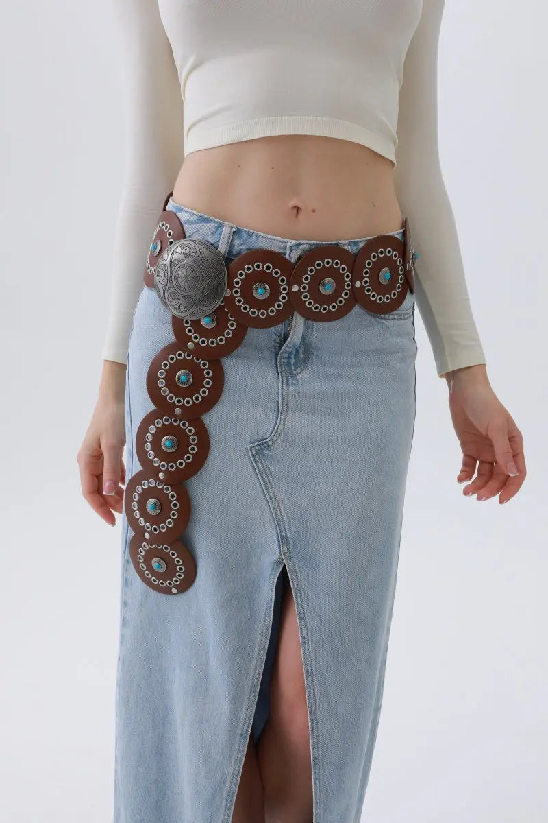 Turquoise Disc Western Belt – Handcrafted Desert Stone Detail💎
