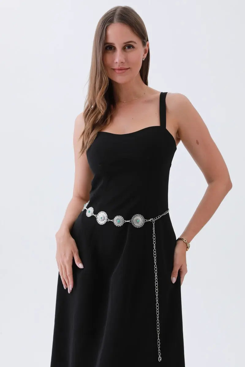 Boho Turquoise Chain Belt – Antique Bronze Buckle with Gemstone Accents✨