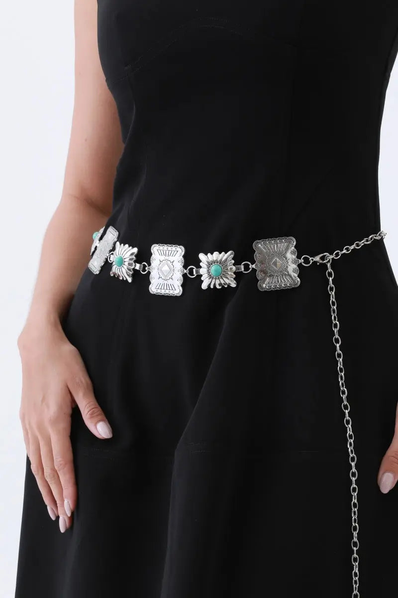 Turquoise Square Chain Belt – Vintage Western Geometric De💙