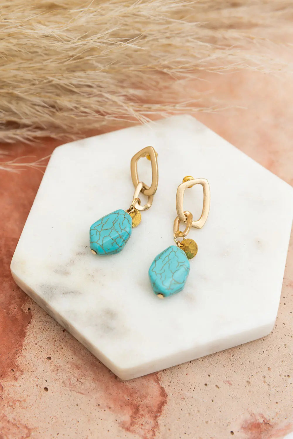 Turquoise Stone Drop Chain Earrings💎