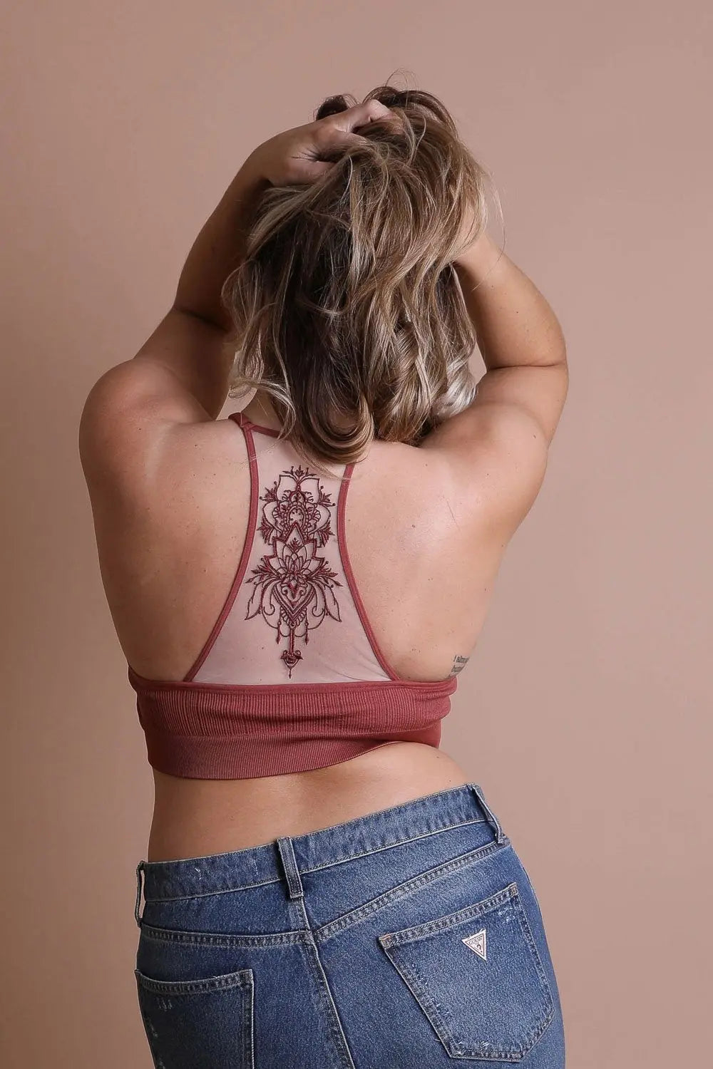 Tattoo Back Bralette – Embroidered Mesh Racerback Style