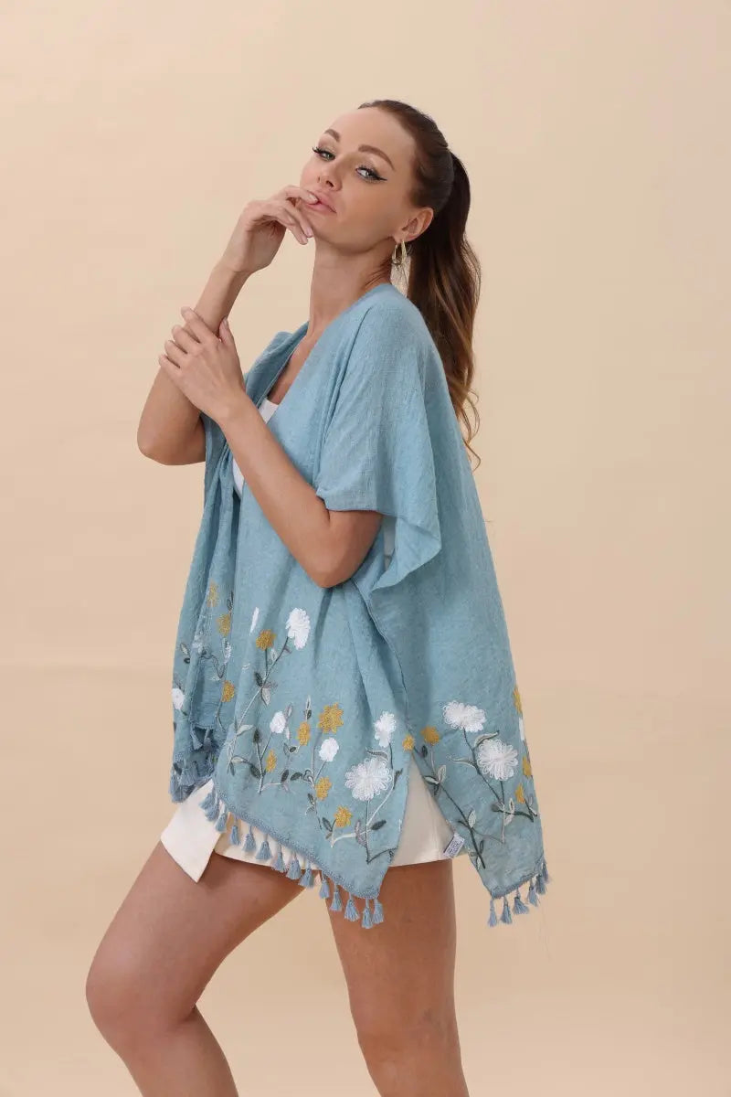 Floral Embroidered Tassel Hem Kimono Cardigan