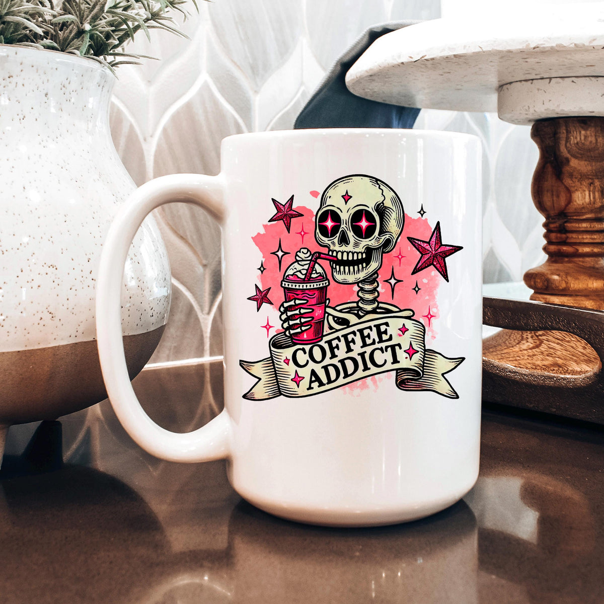 Coffee Addict Mug – Pink Skull Coffee Cup | Funny Caffeine Lover Gift, Ceramic, Dishwasher Safe