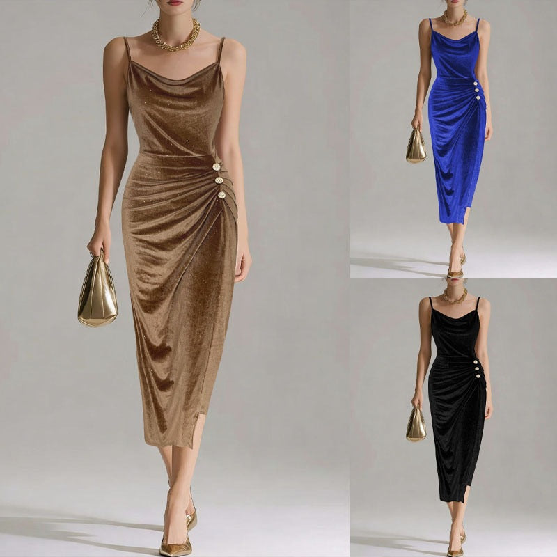 Shiny Velvet Bodycon Dress With A Swing Collar, Waist-cinching, Side Slit, And Spaghetti Straps