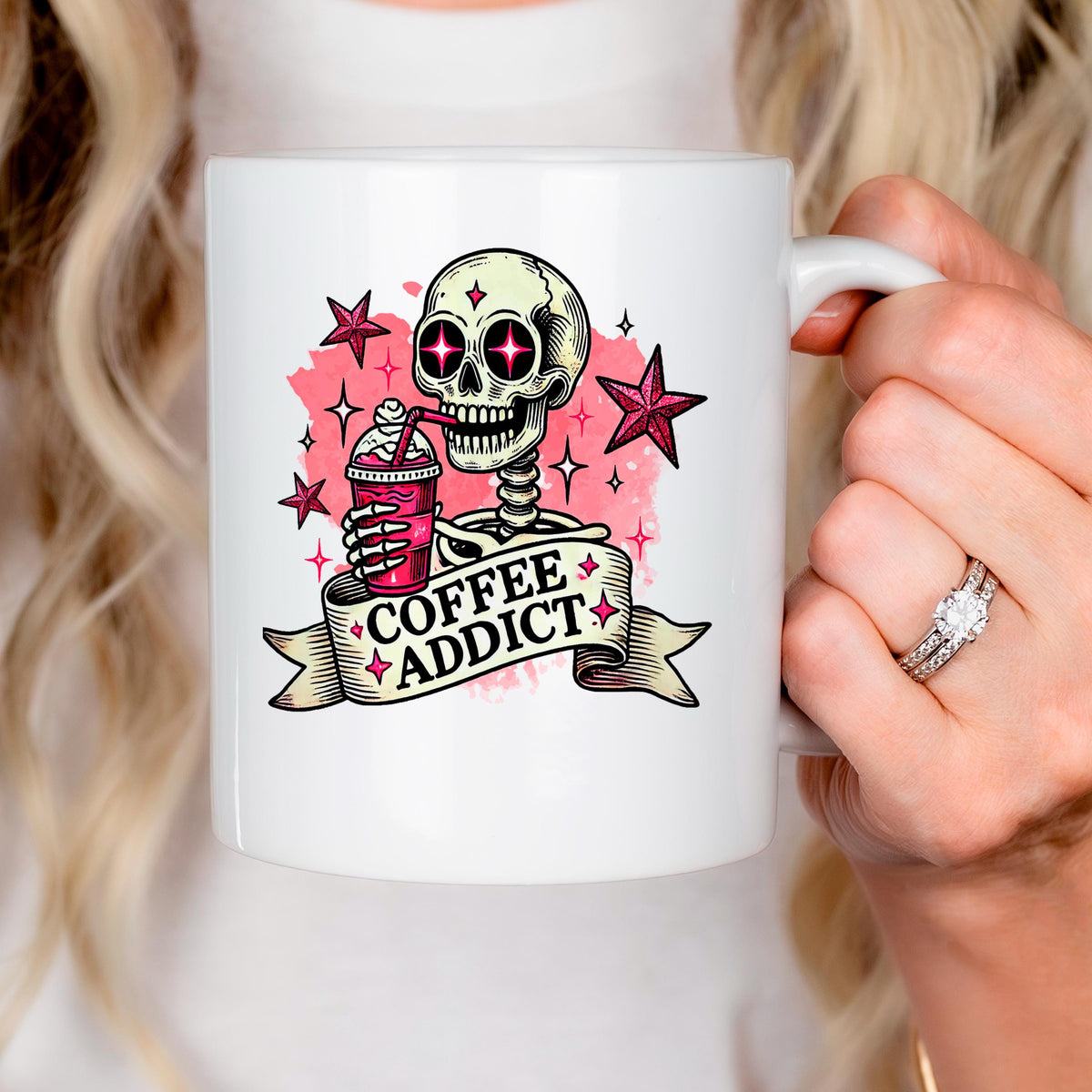 Coffee Addict Mug – Pink Skull Coffee Cup | Funny Caffeine Lover Gift, Ceramic, Dishwasher Safe