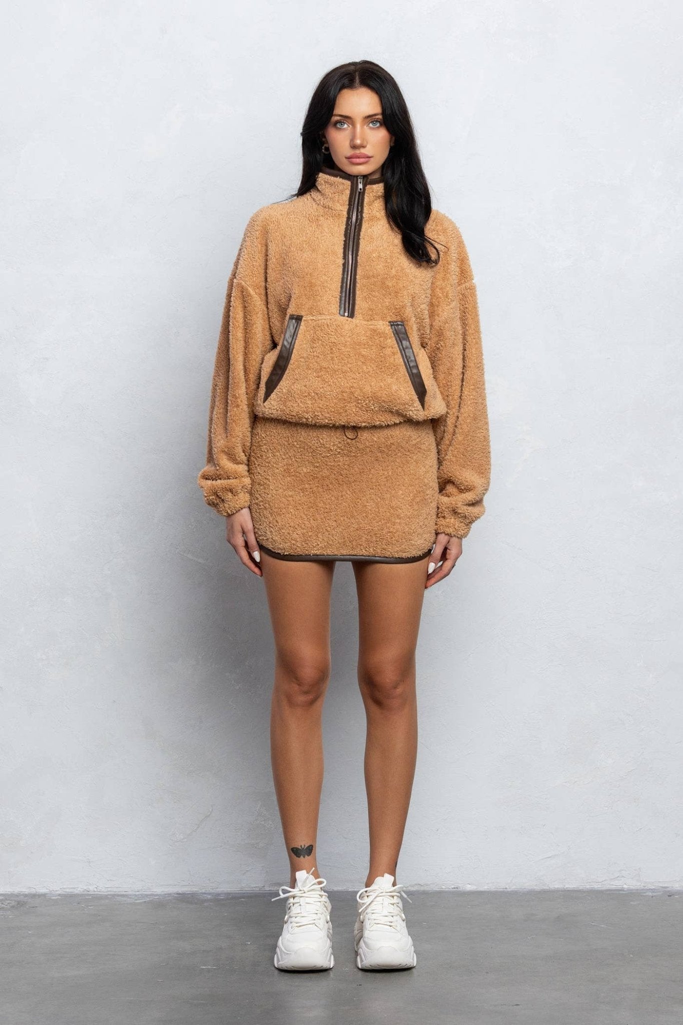 Cozy Half Zip Top & Mini Skirt Set – Fuzzy Lounge Wear for Women