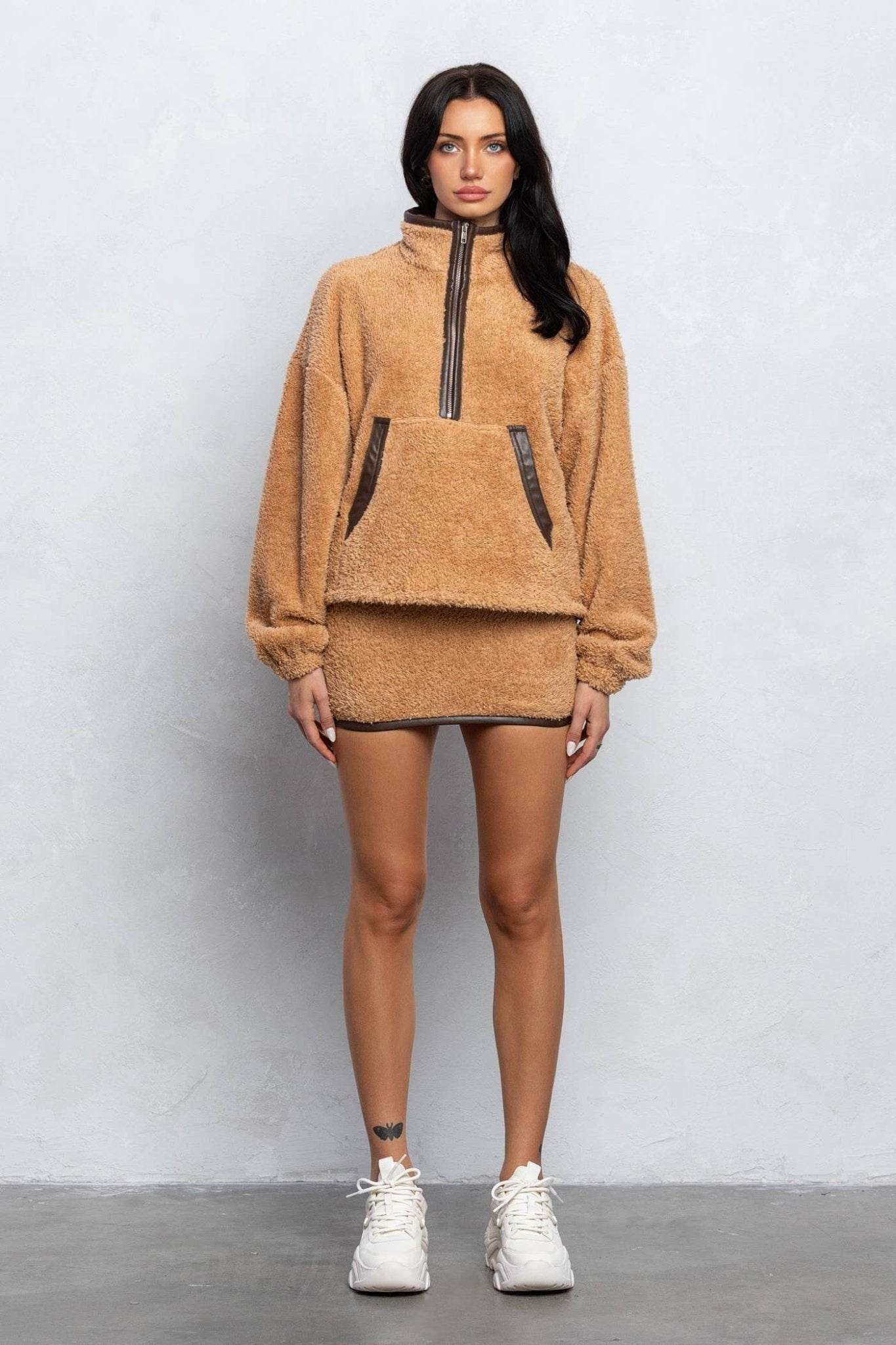 Cozy Half Zip Top & Mini Skirt Set – Fuzzy Lounge Wear for Women