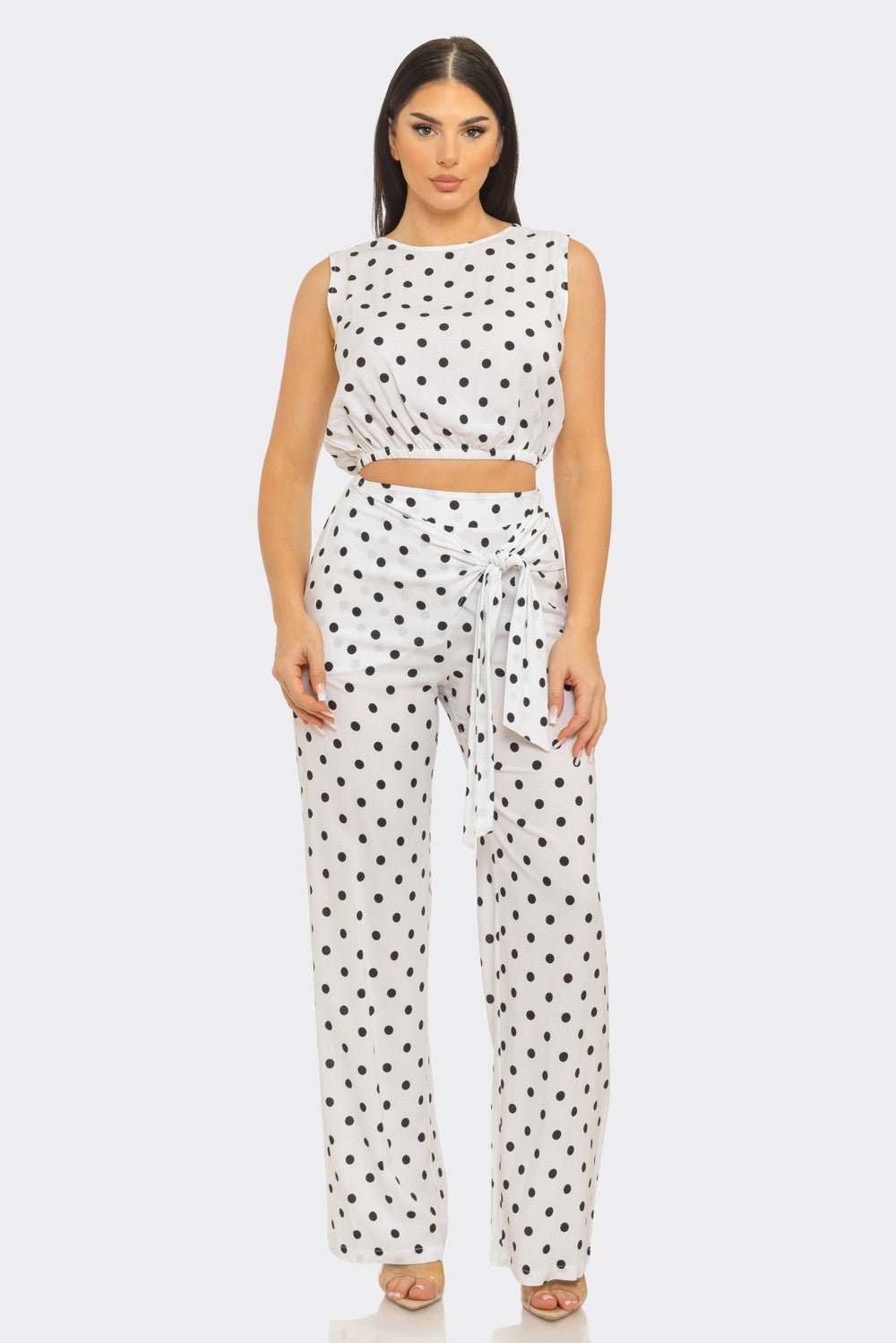 Amalfi Polka Dot Belted Flare Pants Set – Vacation & Brunch Outfit Set for Women