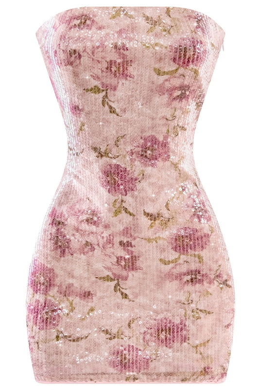 Amelia Luxury Strapless Floral Sequin Mini Dress | Shimmer Fit