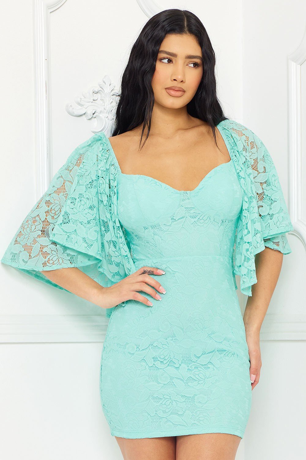 Aqua Lace Cape Sleeve Lacey Mini Dress
