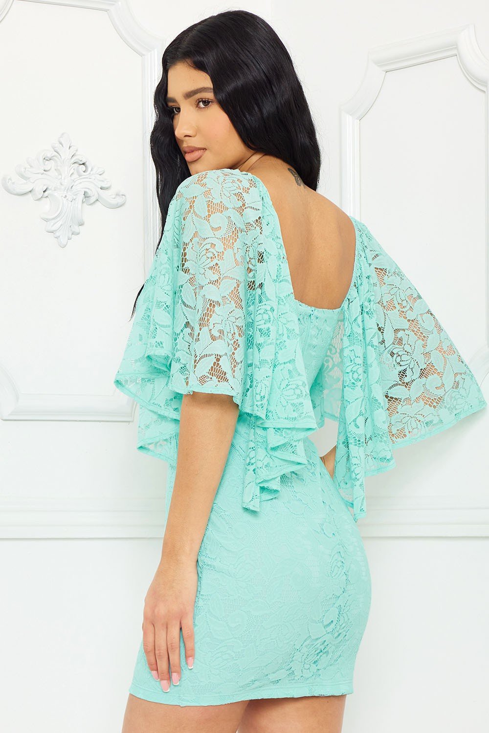 Aqua Lace Cape Sleeve Lacey Mini Dress