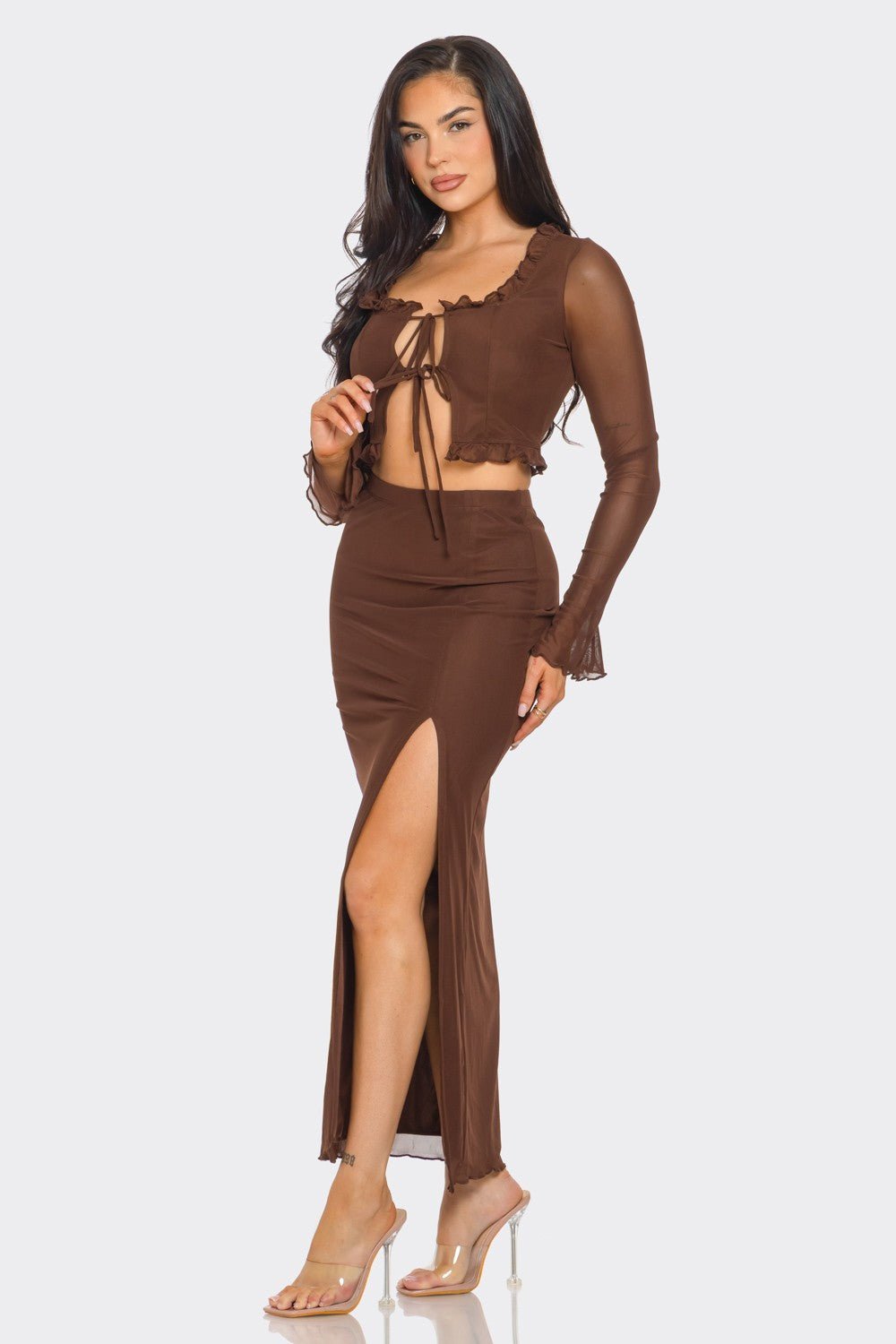 Aria Tie Front Long Sleeve Top &amp; Maxi Skirt Set – Sexy Two-Piece Outfit