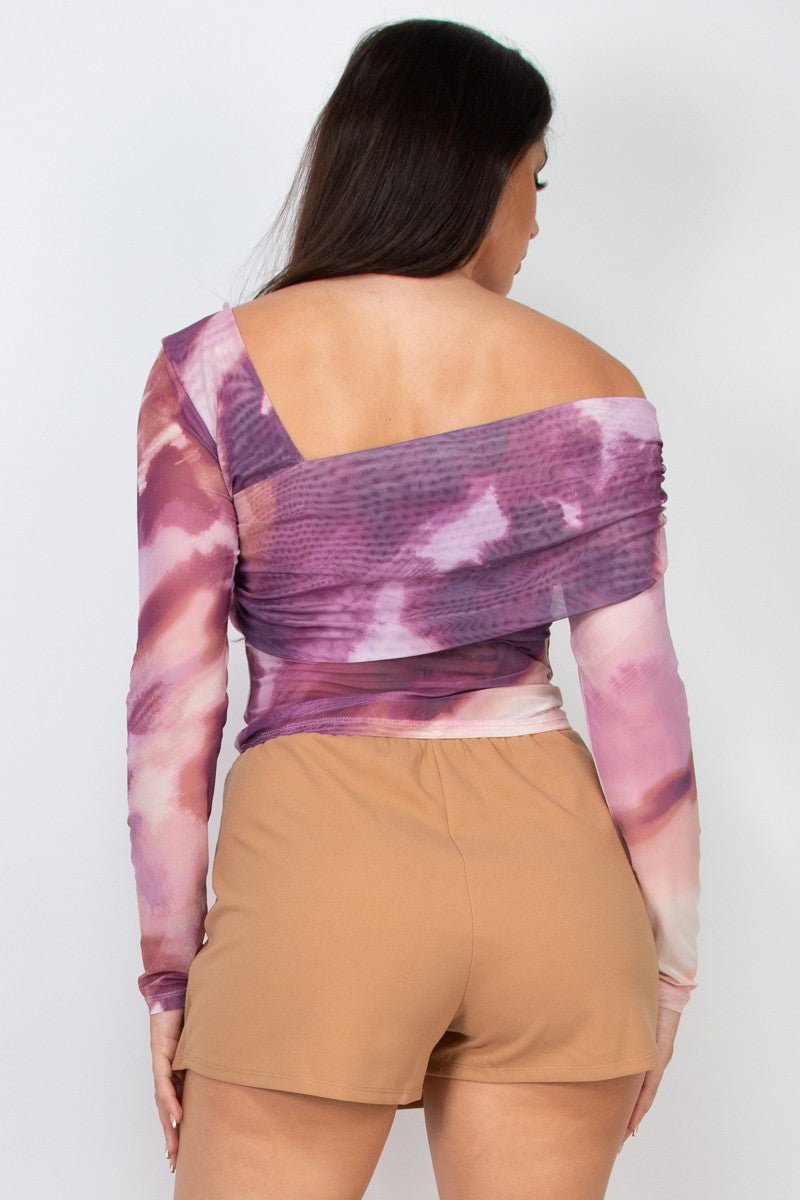 Asymmetric Watercolor Vibe Long Sleeve Mesh Printed Top