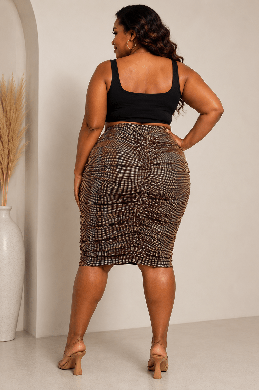Athena Plus Size Skirt - Gold Ruched Below the Knee for Effortless Elegance