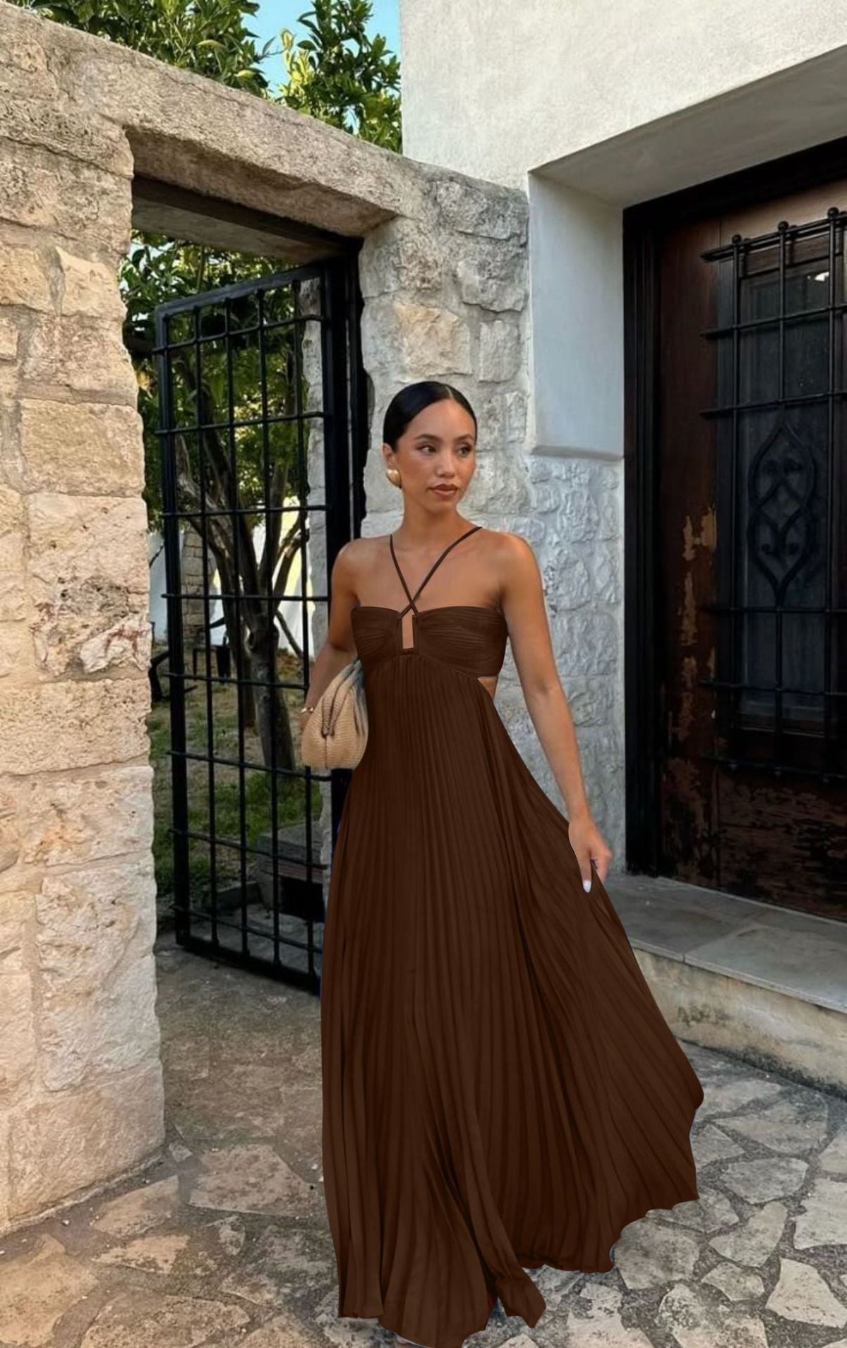 Ins Pleated Sleeveless Sling Dress Hollow High Waist Halter Robe Dresses For Evening Party Club Clothing Women