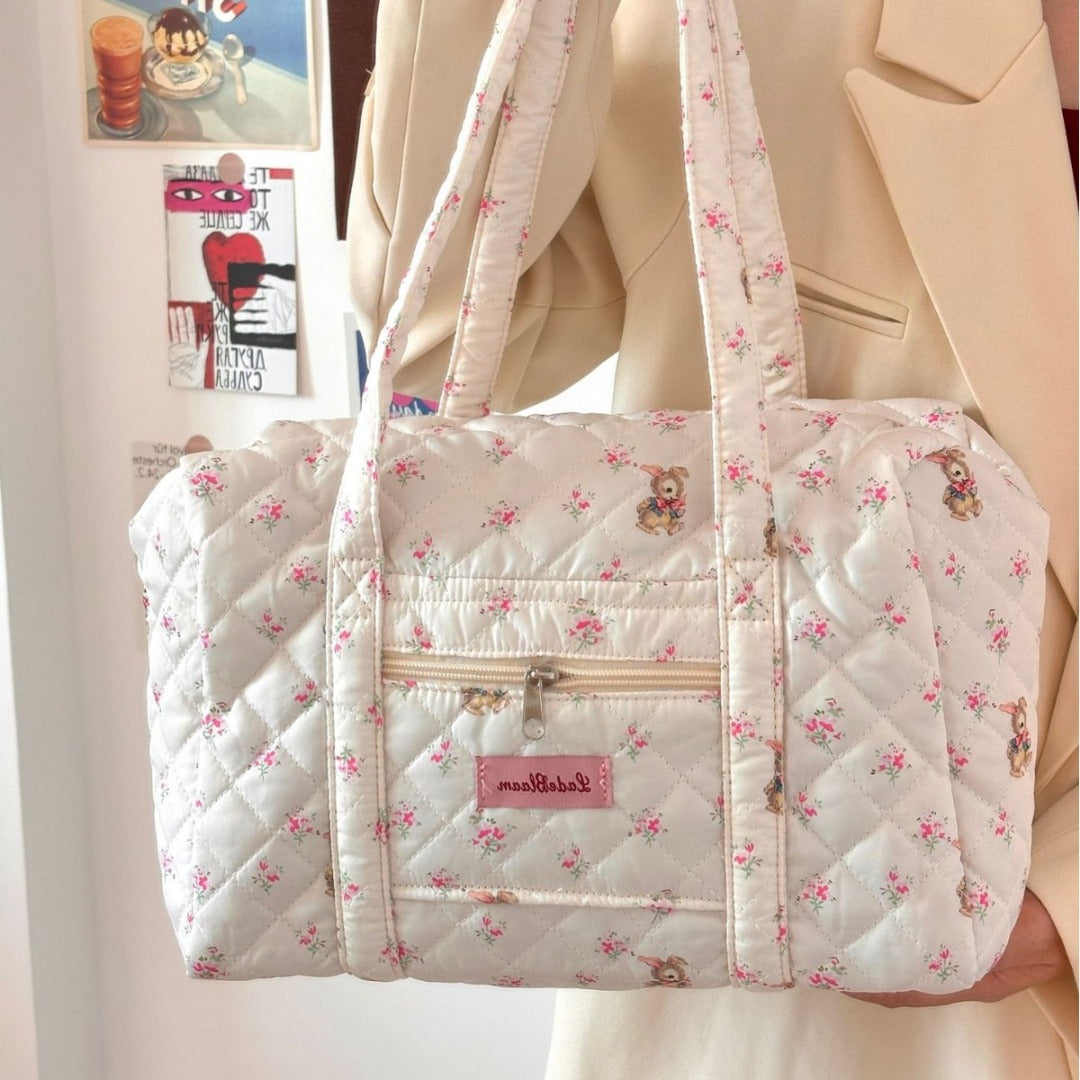 Large capacity tote bag for girls, short trip girl commuter bag, quilted puffy purse floral fabric, student class shoulder tote bag,