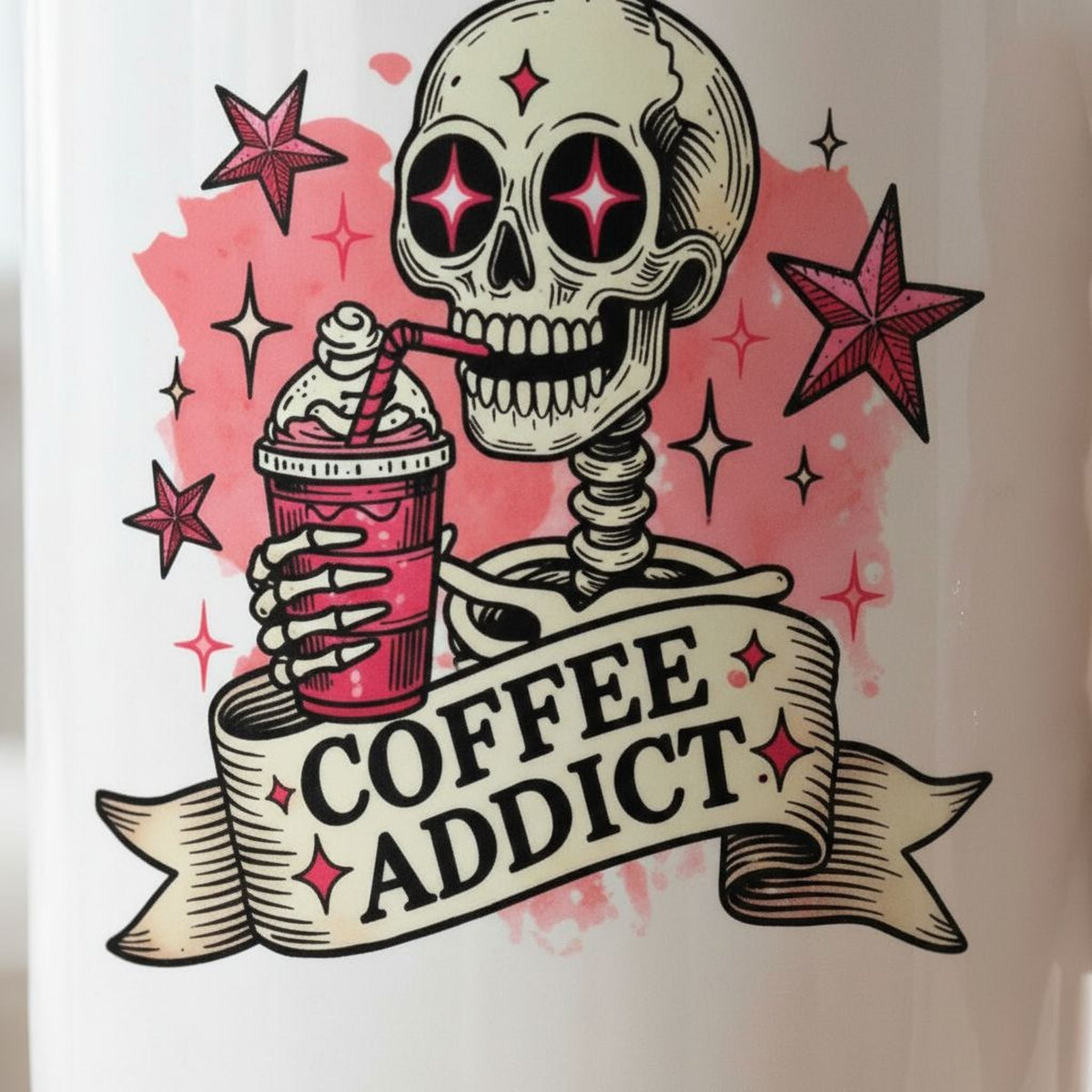 Coffee Addict Mug – Pink Skull Coffee Cup | Funny Caffeine Lover Gift, Ceramic, Dishwasher Safe
