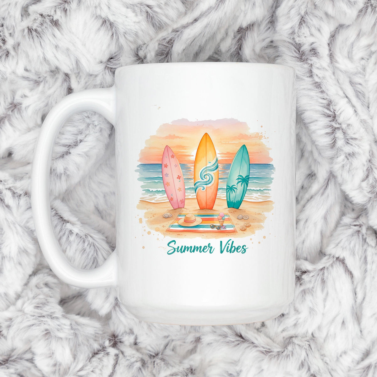 Summer Vibes Mug – Coastal Coffee Cup With Surfboard Art And Ocean Sunset Design